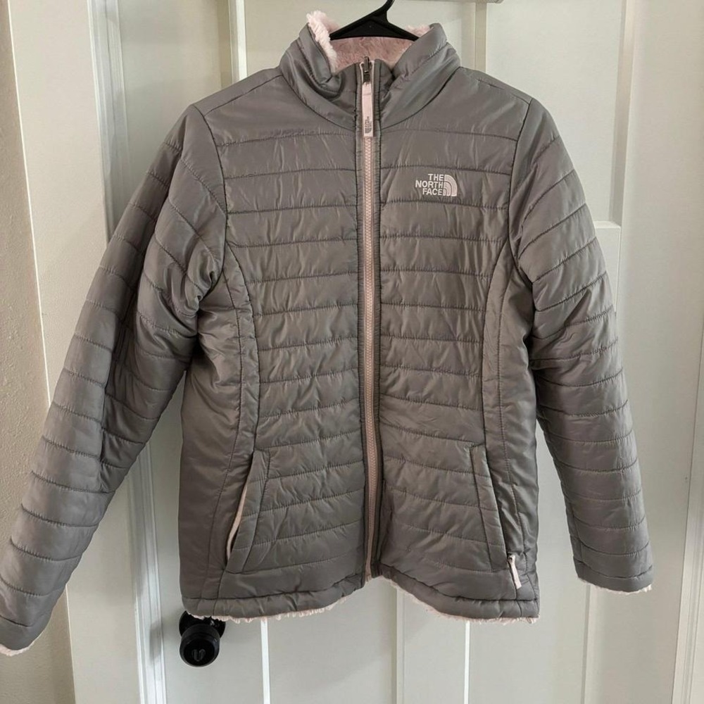 The North Face Reversible Mossbud Swirl Puffer Jacket Full Zip Gray/pinkGirls XL - Picture 2 of 8
